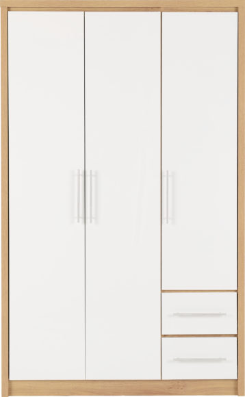 Seconique Seville 3 Door 2 Drawer Wardrobe White High Gloss/Light Oak Effect Veneer