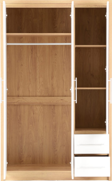 Seconique Seville 3 Door 2 Drawer Wardrobe White High Gloss/Light Oak Effect Veneer