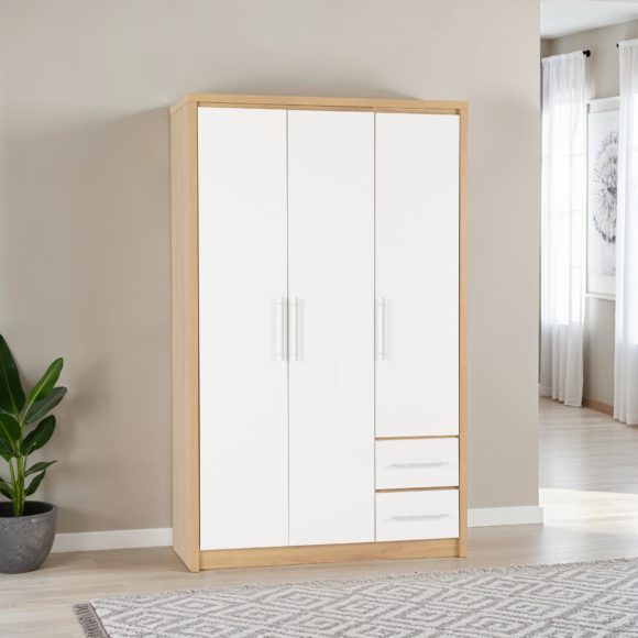seconique Seville 3 Door 2 Drawer Wardrobe White High Gloss/Light Oak Effect Veneer