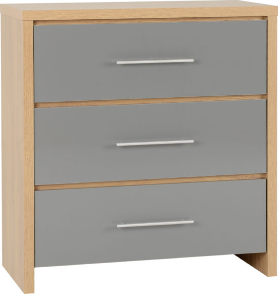 Seconique Seville 3 Drawer Chest Grey High Gloss/Light Oak Effect Veneer