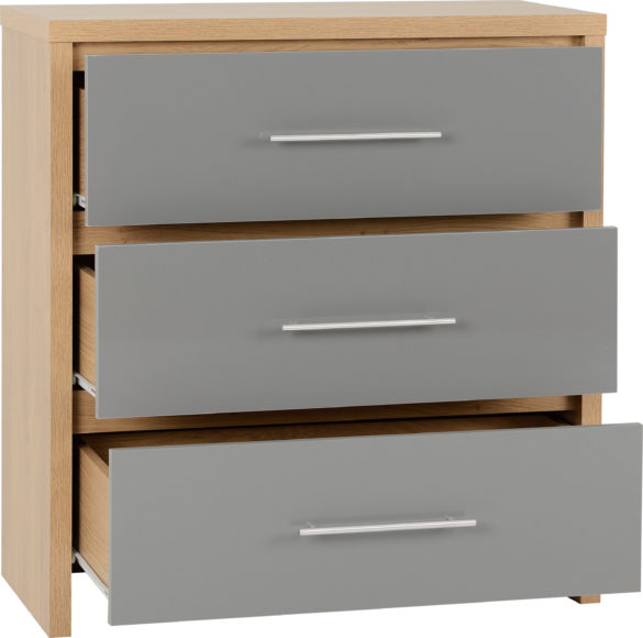 Seconique Seville 3 Drawer Chest Grey High Gloss/Light Oak Effect Veneer
