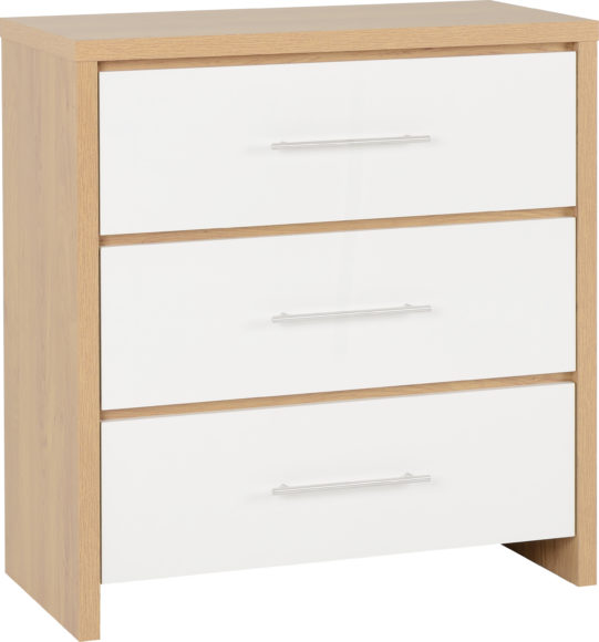 Seconique Seville 3 Drawer Chest White High Gloss/Light Oak Effect Veneer