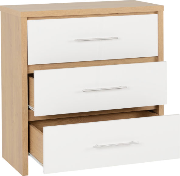 Seconique Seville 3 Drawer Chest White High Gloss/Light Oak Effect Veneer