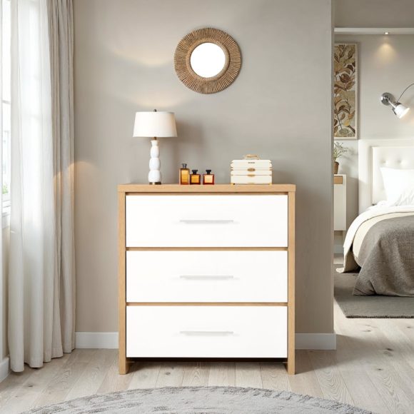 seconique Seville 3 Drawer Chest White High Gloss/Light Oak Effect Veneer