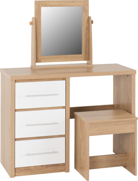 Seconique Seville 3 Drawer Dressing Table Set White High Gloss/Light Oak Effect Veneer