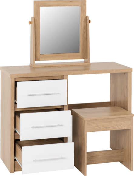 Seconique Seville 3 Drawer Dressing Table Set White High Gloss/Light Oak Effect Veneer