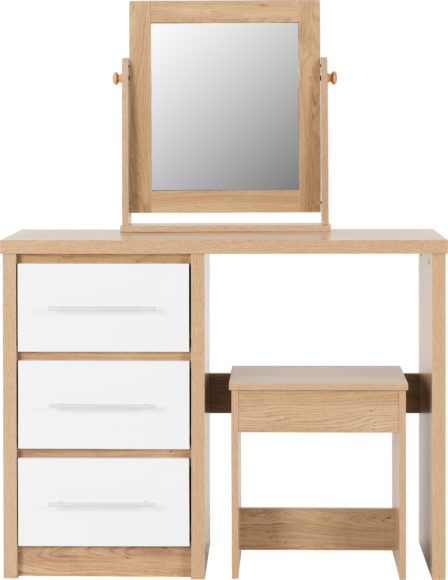 Seconique Seville 3 Drawer Dressing Table Set White High Gloss/Light Oak Effect Veneer