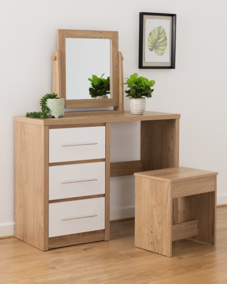 seconique Seville 3 Drawer Dressing Table Set White High Gloss/Light Oak Effect Veneer