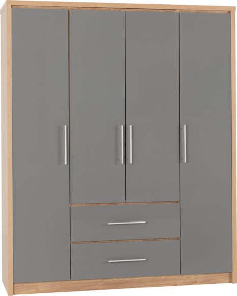 Seconique Seville 4 Door 2 Drawer Wardrobe Grey High Gloss/Light Oak Effect Veneer