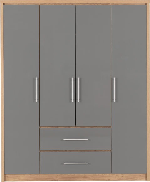 Seconique Seville 4 Door 2 Drawer Wardrobe Grey High Gloss/Light Oak Effect Veneer