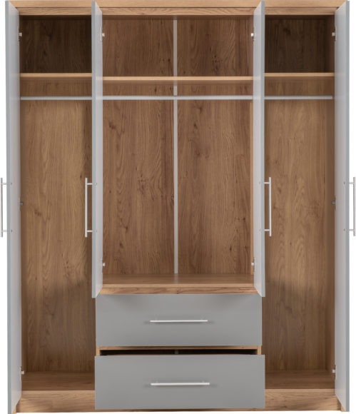 Seconique Seville 4 Door 2 Drawer Wardrobe Grey High Gloss/Light Oak Effect Veneer