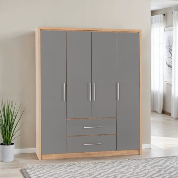 seconique Seville 4 Door 2 Drawer Wardrobe Grey High Gloss/Light Oak Effect Veneer