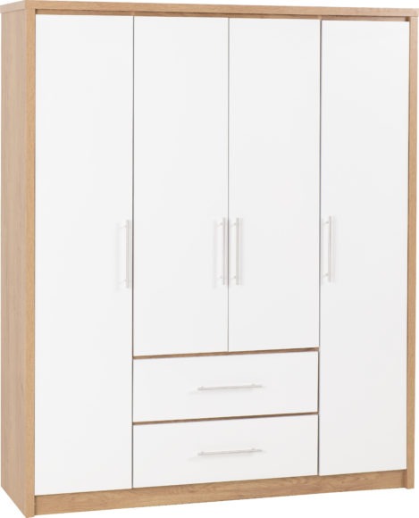 Seconique Seville 4 Door 2 Drawer Wardrobe White High Gloss/Light Oak Effect Veneer