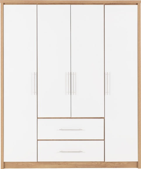 Seconique Seville 4 Door 2 Drawer Wardrobe White High Gloss/Light Oak Effect Veneer