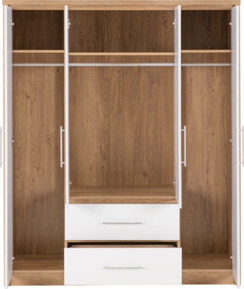 Seconique Seville 4 Door 2 Drawer Wardrobe White High Gloss/Light Oak Effect Veneer