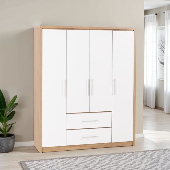 seconique Seville 4 Door 2 Drawer Wardrobe White High Gloss/Light Oak Effect Veneer