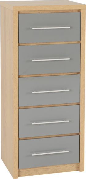 Seconique Seville 5 Drawer Narrow Chest Grey High Gloss/Light Oak Effect Veneer