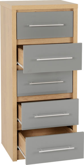 Seconique Seville 5 Drawer Narrow Chest Grey High Gloss/Light Oak Effect Veneer