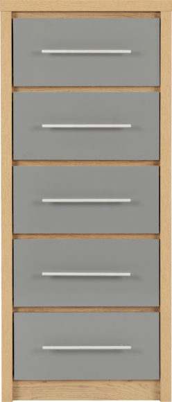 Seconique Seville 5 Drawer Narrow Chest Grey High Gloss/Light Oak Effect Veneer