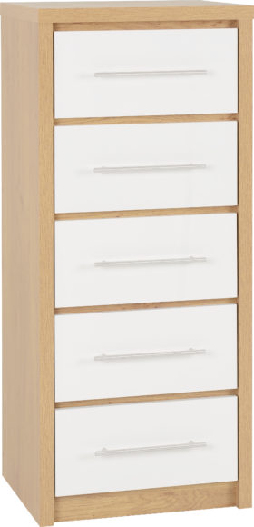 Seconique Seville 5 Drawer Narrow Chest White High Gloss/Light Oak Effect Veneer