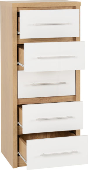 Seconique Seville 5 Drawer Narrow Chest White High Gloss/Light Oak Effect Veneer