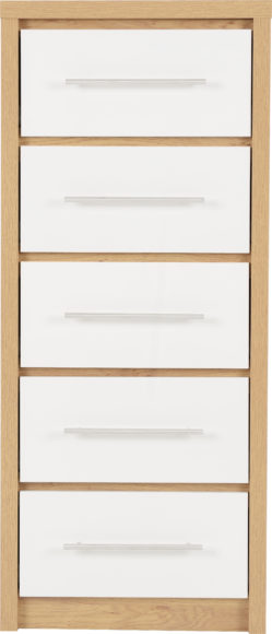 Seconique Seville 5 Drawer Narrow Chest White High Gloss/Light Oak Effect Veneer