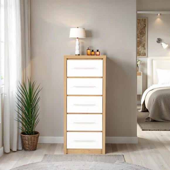 seconique Seville 5 Drawer Narrow Chest White High Gloss/Light Oak Effect Veneer