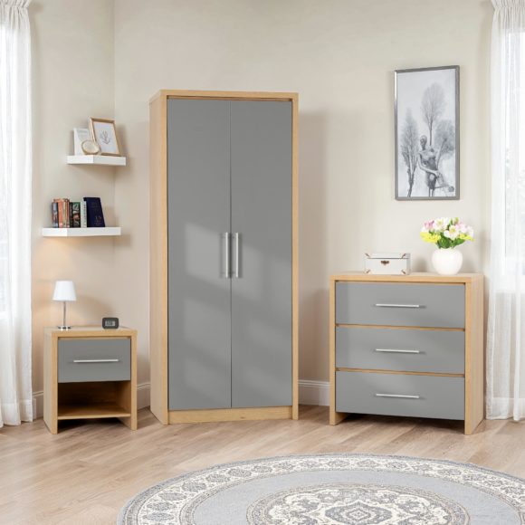 seconique Seville Bedroom Set Grey High Gloss/Light Oak Effect Veneer