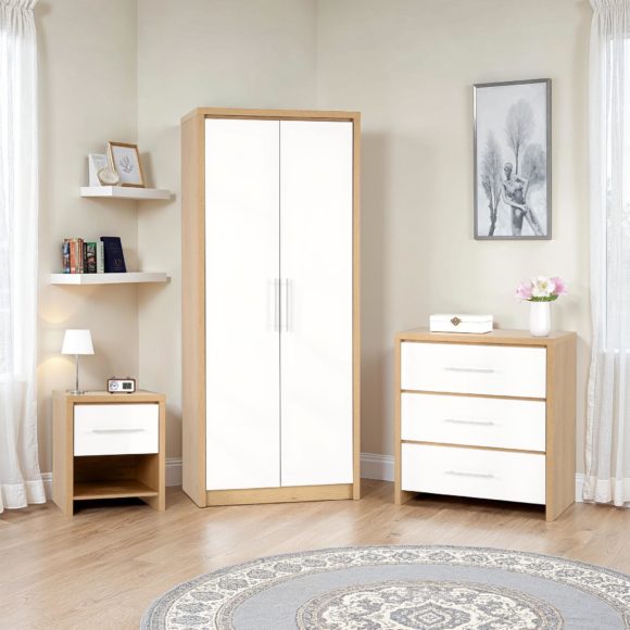 seconique Seville Bedroom Set White High Gloss/Light Oak Effect Veneer