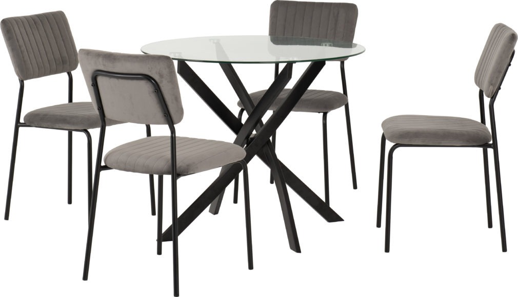 Seconique Sheldon Round Glass Top Dining Set Clear Glass/Black/Grey Velvet Fabric