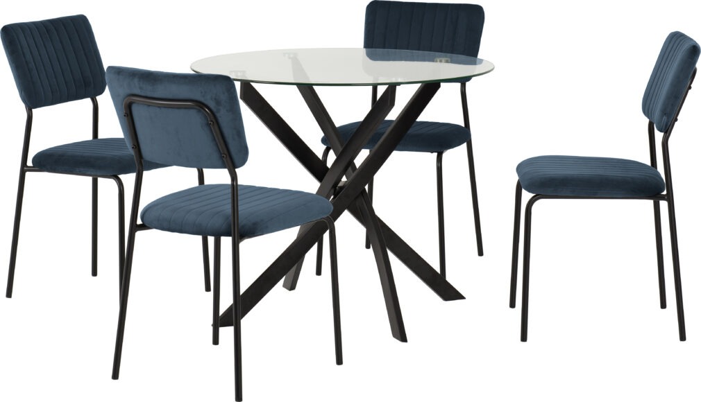 Seconique Sheldon Round Glass Top Dining Set Clear Glass/Black/Navy Blue Velvet Fabric