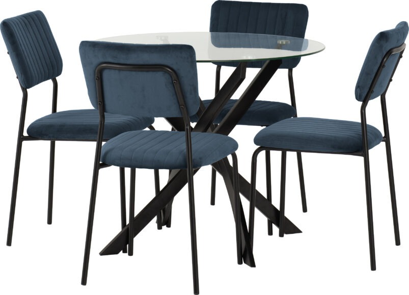 Seconique Sheldon Round Glass Top Dining Set Clear Glass/Black/Navy Blue Velvet Fabric