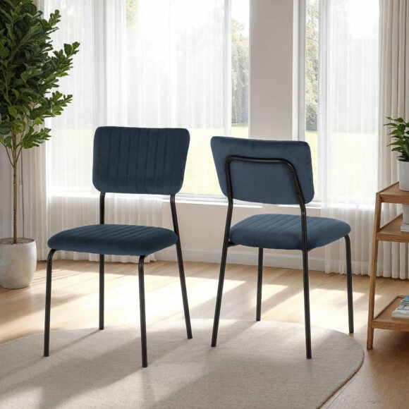 Seconique Sheldon Round Glass Top Dining Set Clear Glass/Black/Navy Blue Velvet Fabric