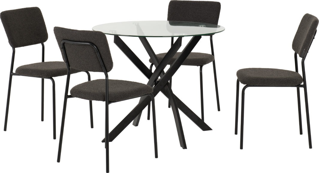 Seconique Sheldon Round Glass Top Dining Set Clear Glass/Black/Grey Boucle Fabric