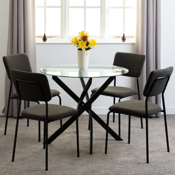 Seconique Sheldon Round Glass Top Dining Set Clear Glass/Black/Grey Boucle Fabric