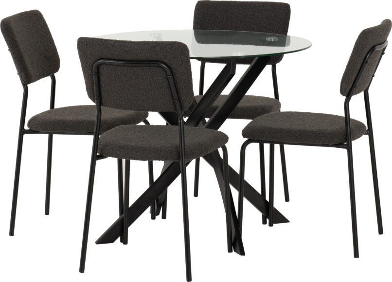 seconique Sheldon Round Glass Top Dining Set Clear Glass/Black/Grey Boucle Fabric