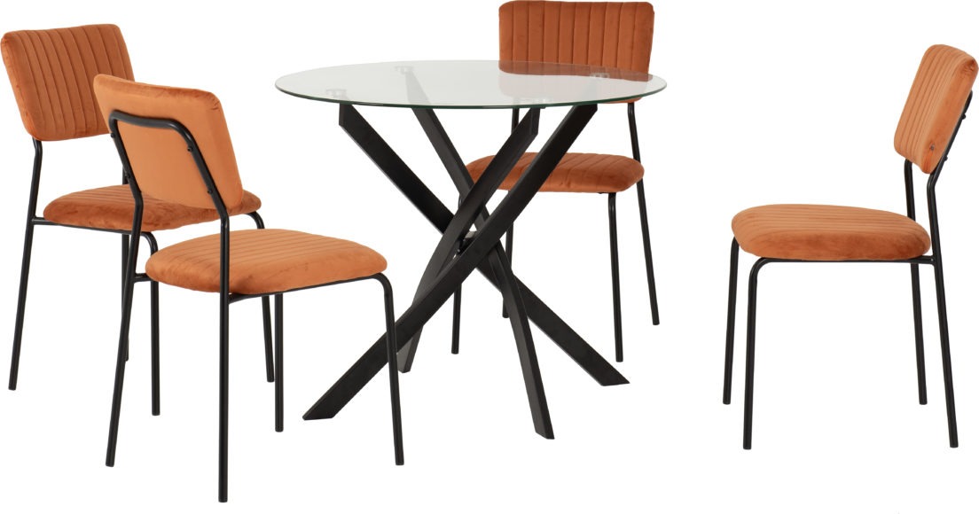 Seconique Sheldon Round Glass Top Dining Set Clear Glass/Black/Burnt Orange Velvet Fabric