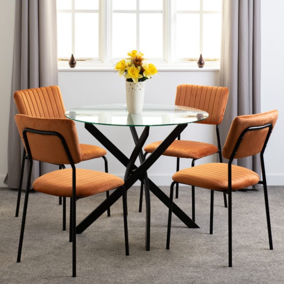 Seconique Sheldon Round Glass Top Dining Set Clear Glass/Black/Burnt Orange Velvet Fabric