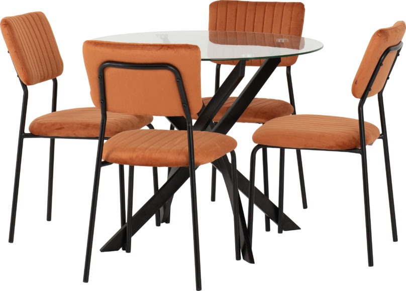 seconique Sheldon Round Glass Top Dining Set Clear Glass/Black/Burnt Orange Velvet Fabric