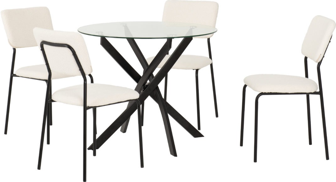 Seconique Sheldon Round Glass Top Dining Set Clear Glass/Black/Ivory Boucle Fabric