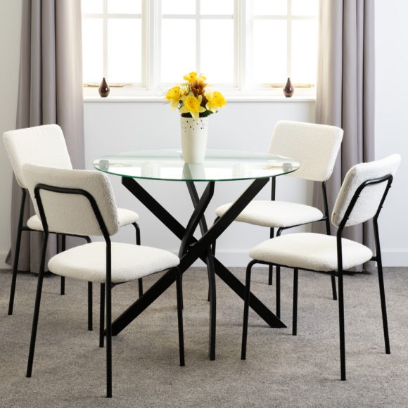 Seconique Sheldon Round Glass Top Dining Set Clear Glass/Black/Ivory Boucle Fabric