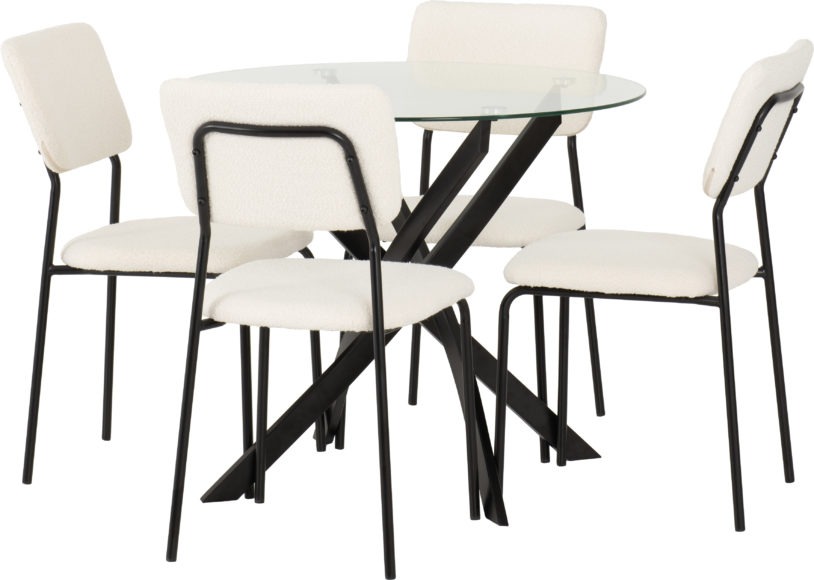 seconique Sheldon Round Glass Top Dining Set Clear Glass/Black/Ivory Boucle Fabric