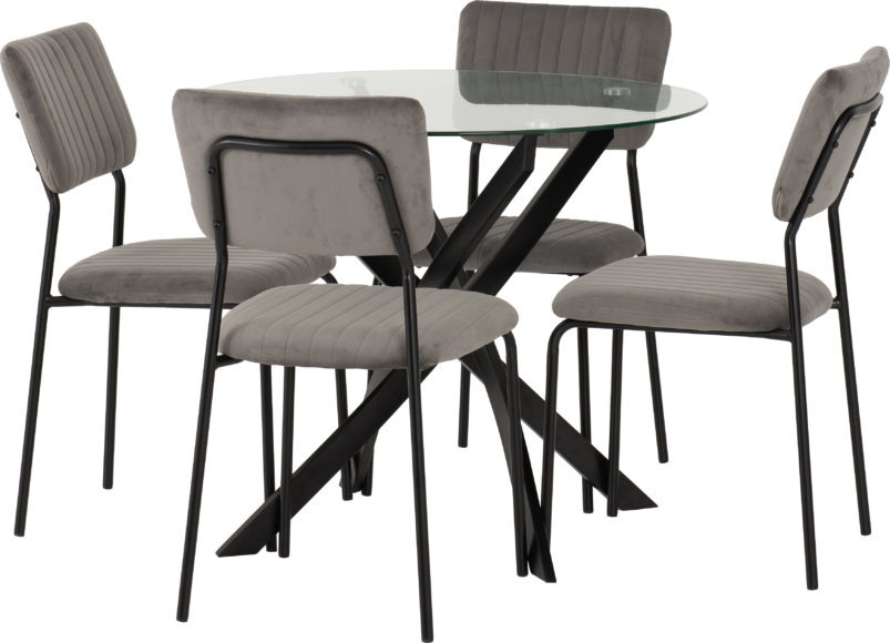 seconique Sheldon Round Glass Top Dining Set Clear Glass/Black/Grey Velvet Fabric