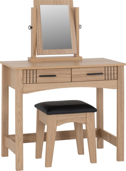 Seconique Tessa 2 Drawer Dressing Table Set Natural Oak Effect/Black Faux Leather
