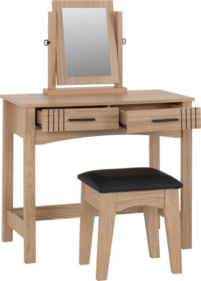 Seconique Tessa 2 Drawer Dressing Table Set Natural Oak Effect/Black Faux Leather