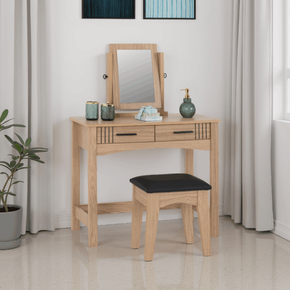 seconique Tessa 2 Drawer Dressing Table Set Natural Oak Effect/Black Faux Leather