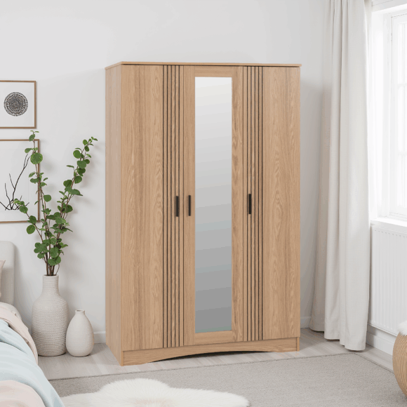 seconique Tessa 3 Door Mirrored Wardrobe Natural Oak Effect
