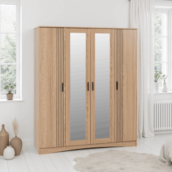 seconique Tessa 4 Door Mirrored Wardrobe Natural Oak Effect