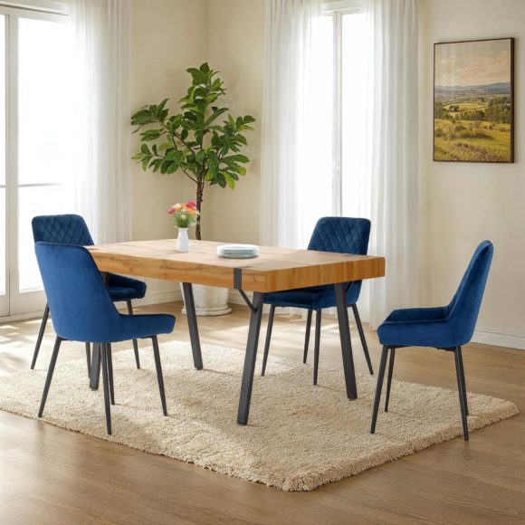 seconique Treviso Dining Set with Avery Chairs Light Oak Effect/Black/Sapphire Blue Velvet