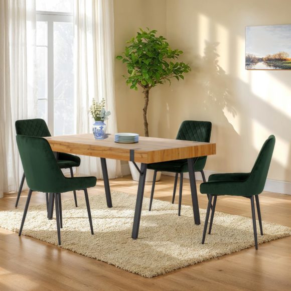 seconique Treviso Dining Set with Avery Chairs Light Oak Effect/Black/Emerald Green Velvet
